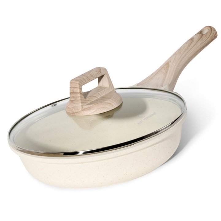 Тиган Just Perfecto JL-41, Индукционен, Стъклен капак, Мраморно покритие, Без PFAS, 24 см, Бежов