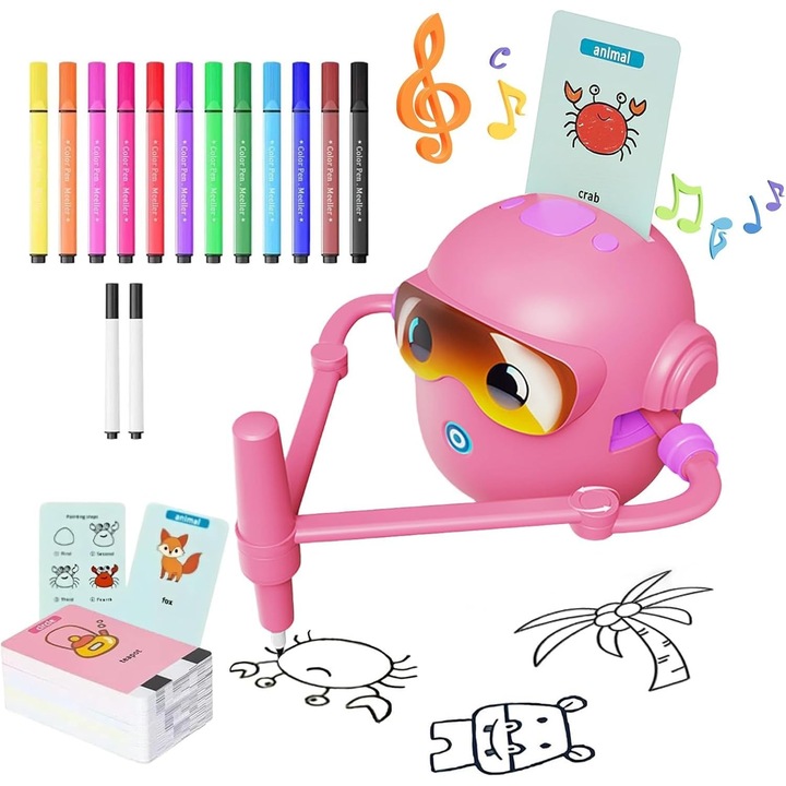 Robot interactiv de desen cu carduri | Jucarie educativa robot de pictura cu 100 de carduri de desen si 12 markere, XICENRM®，roboti de arta reincarcabili pentru baieti si fete, cadou pentru invatare creativa STEM (roz)