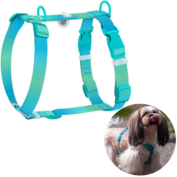 Нагръдник за кучета, анатомичен, H-образен, WAUDOG, рециклиран найлон, с QR паспорт, градиент, пластмасова катарама, син, S