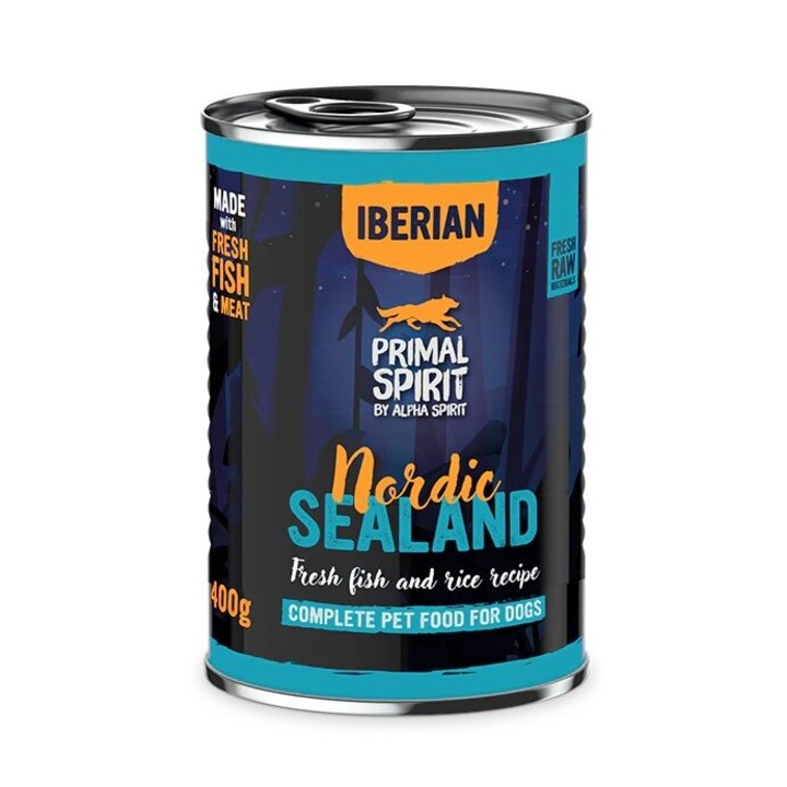 Hrana umeda pentru caine Nordic Sealand, Primal Spirit, cu porc si peste, 400 g