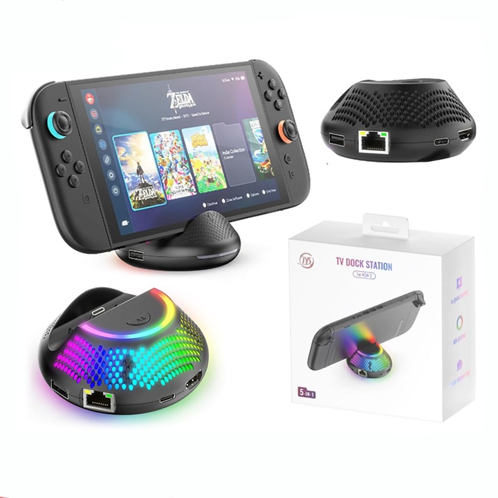 Adaptor docking pentru Nintendo Switch 2, LYCENXI, iluminare LED, negru, 164g