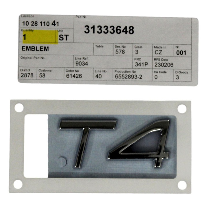 T4 embléma a csomagtartó fedelére, Volvo, eredeti, S60, V60, S90, V90, XC60, XC40 modellekhez