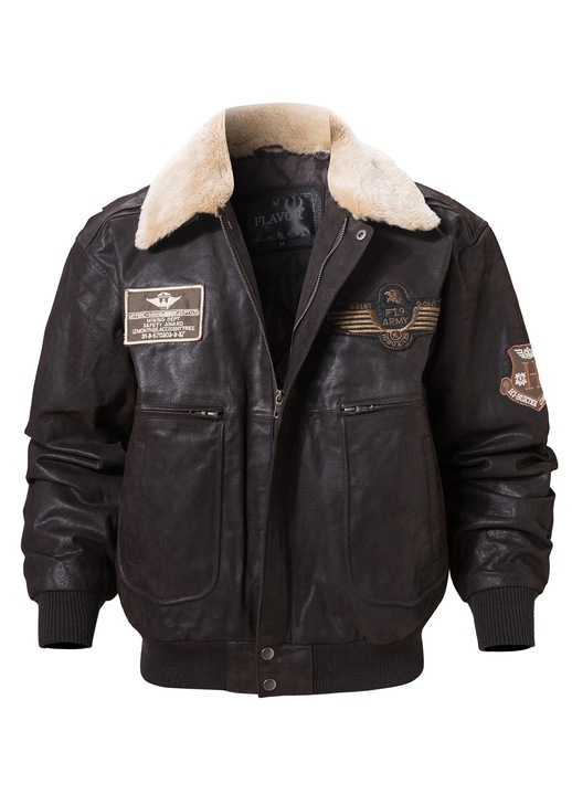 barbati, FLAVOR, bomber din piele naturala, 2 buzunare laterale, maro inchis, Maro inchis