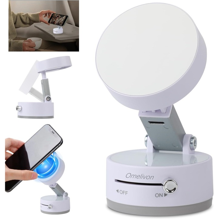 Стойка за телефон за кола с магнитна вендуза, регулируема на 360°, сгъваема и прибираща се магнитна стойка за телефон от двете страни, монтаж на таблото на автомобила, с аксесоари за преинсталиране, за всички мобилни телефони, бяла