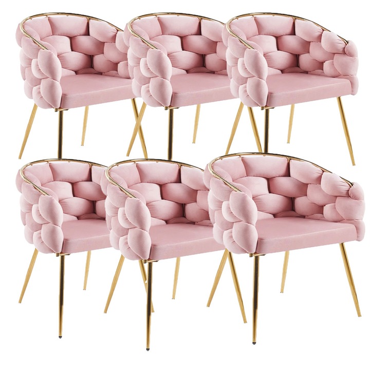 Set 6 Scaune Buz bucătărie, picioare aurii, roz, 53x45x74cm