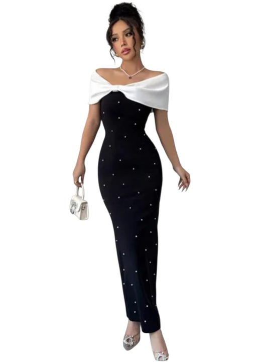 Rochie eleganta, neagra cu alb si margele, lunga, M