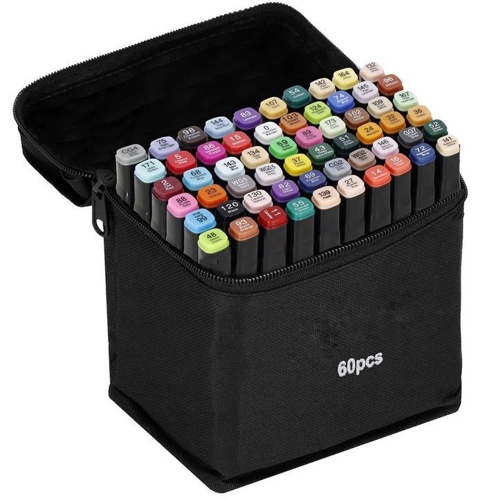 Set 60 Markere cu 2 Capete + Geanta Depozitare – Multicolor
