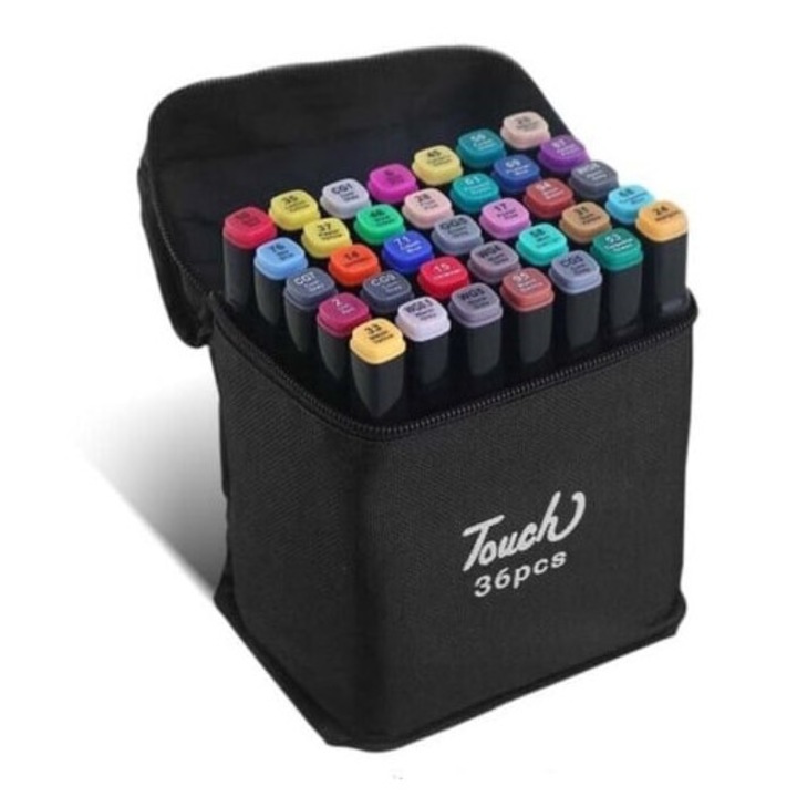 Set 36 markere tip carioci cu 2 capete si geanta depozitare, Multicolor