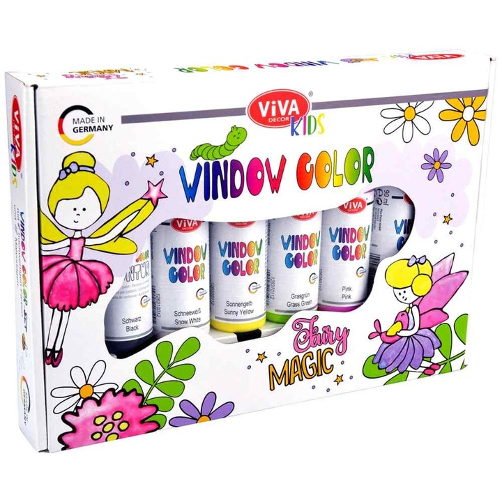 Set cadou creativ pictura pe ferestre, vopsele si sablon, VIVA KIDS, 6x90ml Mix