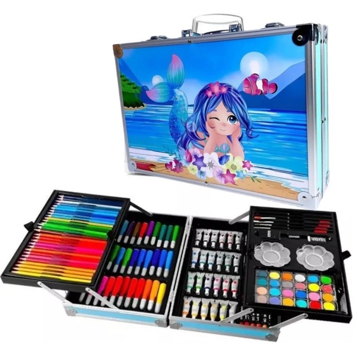 Set de Pictura si Desen pentru Copii WePro Store, 145 de piese, Cutie Metalica, 3 ani +, Albastru, Model Sirena