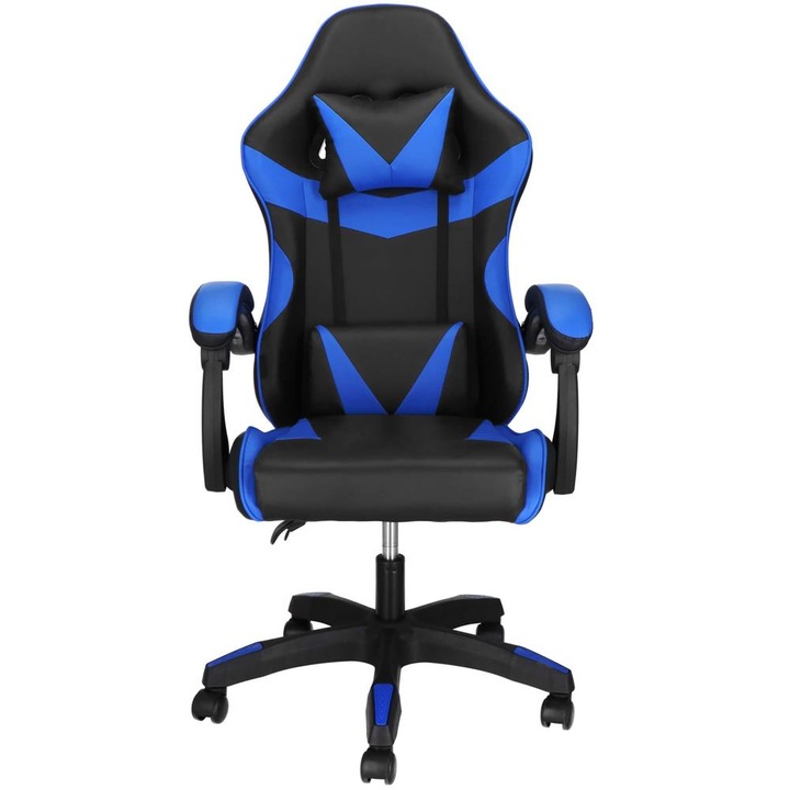Gamer irodai szék, ergonomikus, derék- és fejtámlával, 114-123x55x50 cm, fekete és kék