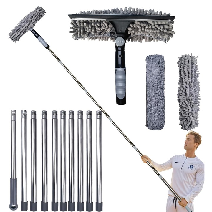 Професионална чистачка за прозорци Morovan, 2 в 1, многофункционална, телескопична, микрофибърна и шенилна кърпа, гумена чистачка, регулируема телескопична дръжка до 4.23 м, светлосив