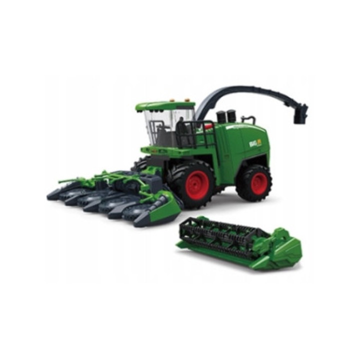 Combina de recoltat, jucarie, 2 in 1, cu heder pentru porumb si cereale, latime de taiere 20 cm, efecte sonore, lumini LED, actionare prin frecare, telecomanda, material: plastic, cauciuc, setul include: combina de recoltat, heder pentru porumb, heder pen
