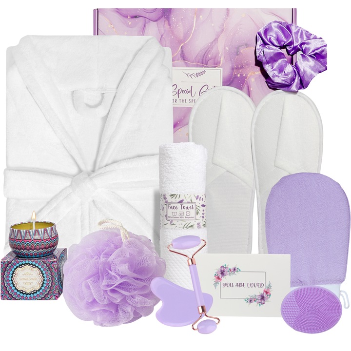 Подаръчен комплект за жени, 12 продукта, Cadonique, Пухкав халат, Памучна кърпа, Свещ лавандула, Масажна ролка, Гуа Ша, Ексфолираща ръкавица, Четка за лице, Чехли, Гъба за баня, Ластик, Картичка, Кутия