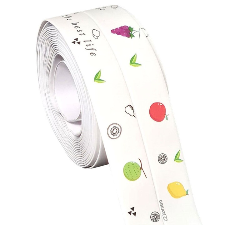 Banda Adeziva Impermeabila GREATON, Izolanta, Antistropi, pentru Baie si Bucatarie, Rezistenta la Apa, Usor de Curatat, Lungime 3.2m, Model Fructe