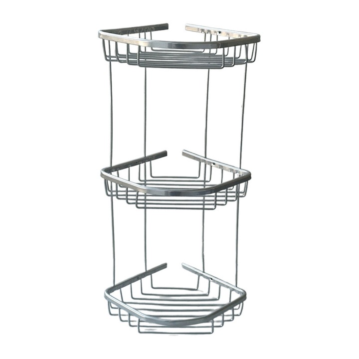 Etajera de colt pentru baie, Flores, aluminiu, crom lucios, 3 rafturi, 220x220x580mm