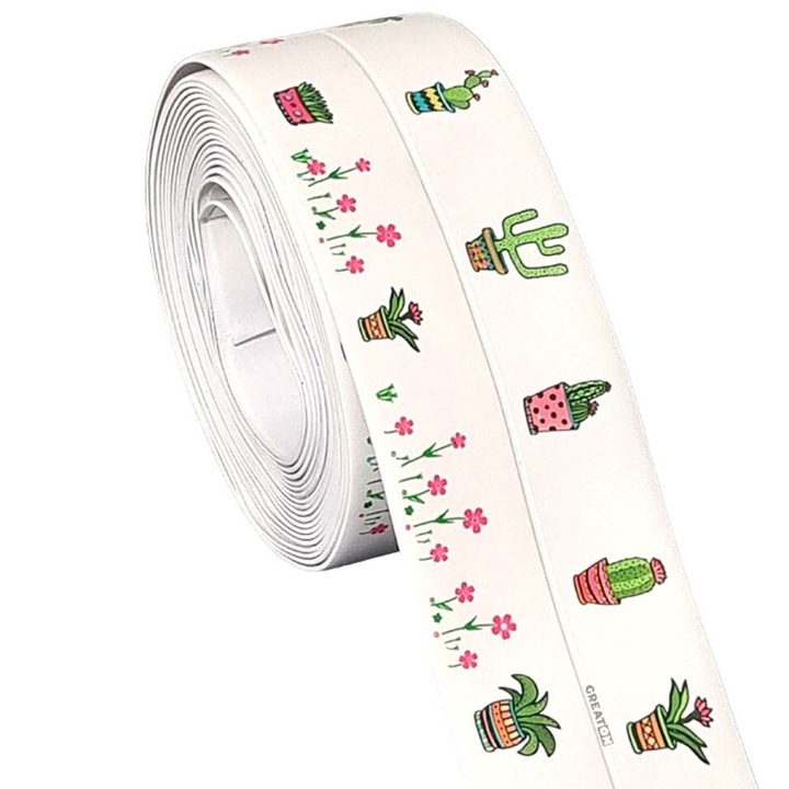 Banda Adeziva Impermeabila GREATON, Izolanta, Antistropi, pentru Baie si Bucatarie, Rezistenta la Apa, Usor de Curatat, Lungime 3.2m, Model Cactus