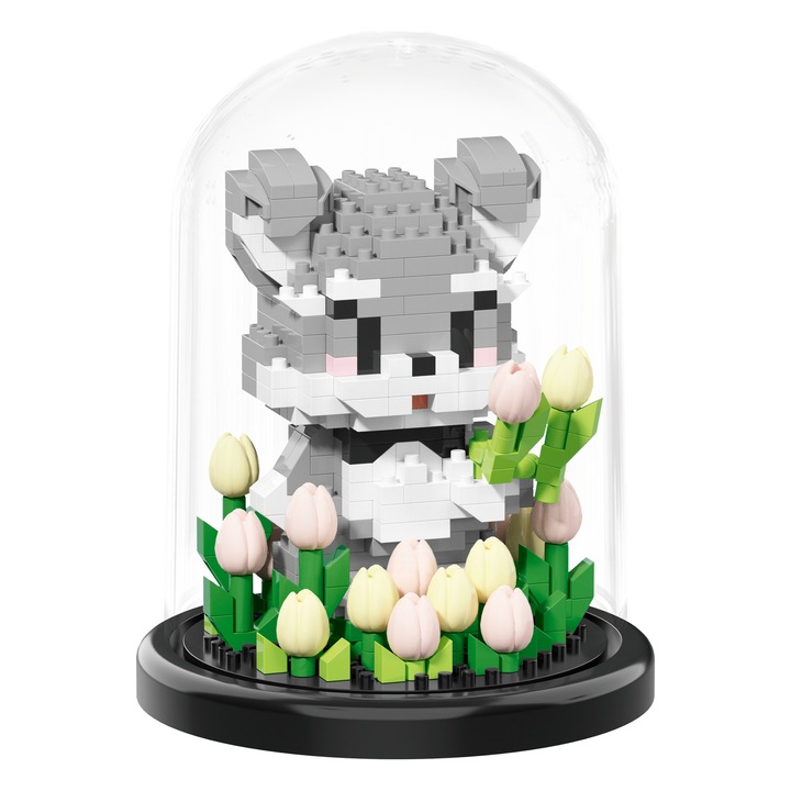 Set de constructie Mini Bricks 446 piese, model Caine cu lalele, cu capac transparent, pentru 8 ani si peste