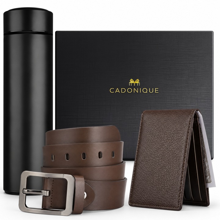 Set Cadou Barbati, 3 Piese Premium - Cadouri Utile pentru El, Tata, Sot, Iubit - Portofel si Curea din Piele Naturala, Termos din Inox - Ambalat in Cutie Eleganta, Gata de Oferit - Idei inspirate pentru fiu, nas, coleg, sef, profesor - Maro - Cadonique®