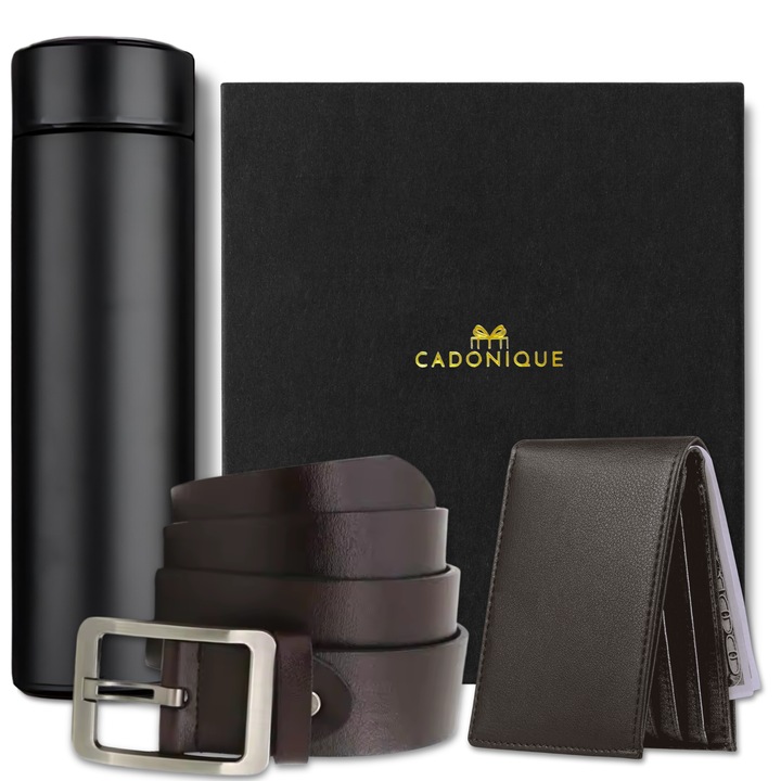 Set cadou pentru barbati, 3 Produse premium, Cadonique®, Termos din inox, Curea si portofel din piele naturala, Cutie exceptionala, Cadouri ideale pentru el, domni, tata, sot, fiu, frate, socru, baieti, iubit, coleg, nas, profesor, Maro