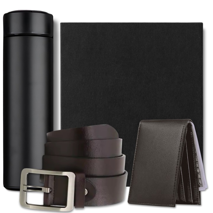 Set cadou pentru barbati, 3 Produse premium, Cadonique®, Termos din inox, Curea si portofel din piele naturala, Cutie exceptionala, Cadouri ideale pentru el, domni, tata, sot, fiu, frate, socru, baieti, iubit, coleg, nas, profesor, Maro