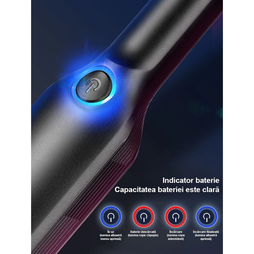 Aspirator portabil pentru masina, cu motor cu perii, design fara fir, compatibil cu utilizarea in medii umede si uscate, putere de aspirare de 13.000 Pa, 3 baterii de 2.000 mAh, putere de 120 W, rezervor de praf si filtru lavabile, Negru