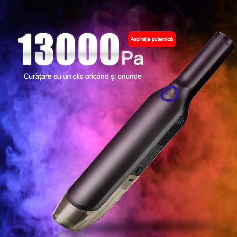 Aspirator portabil pentru masina, cu motor cu perii, design fara fir, compatibil cu utilizarea in medii umede si uscate, putere de aspirare de 13.000 Pa, 3 baterii de 2.000 mAh, putere de 120 W, rezervor de praf si filtru lavabile, Negru