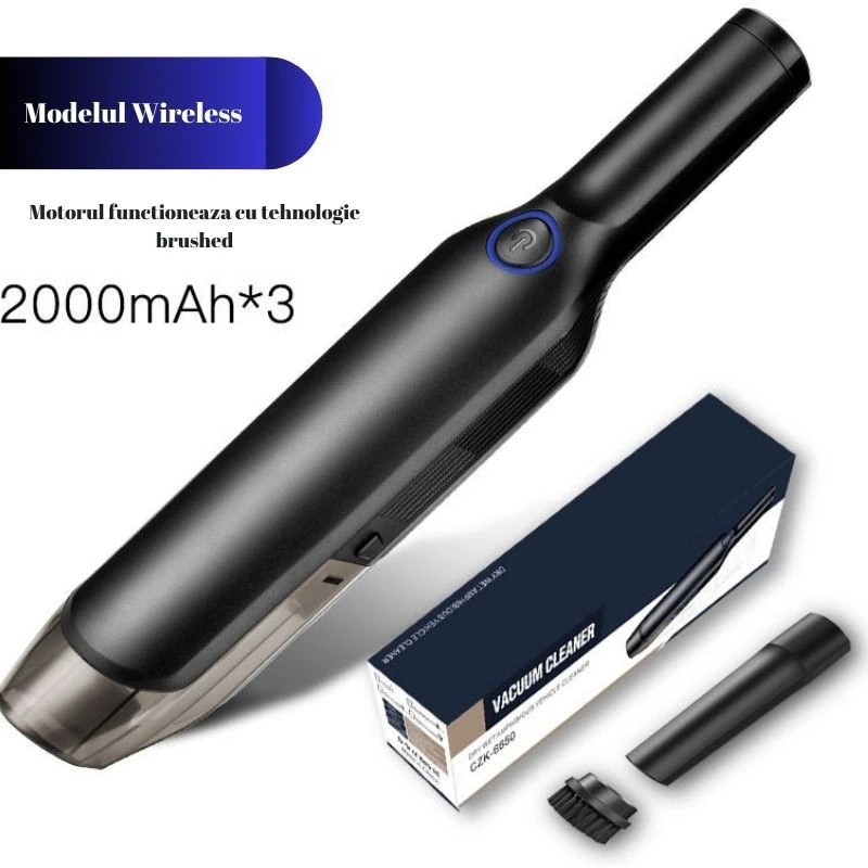 Aspirator portabil pentru masina, cu motor cu perii, design fara fir, compatibil cu utilizarea in medii umede si uscate, putere de aspirare de 13.000 Pa, 3 baterii de 2.000 mAh, putere de 120 W, rezervor de praf si filtru lavabile, Negru