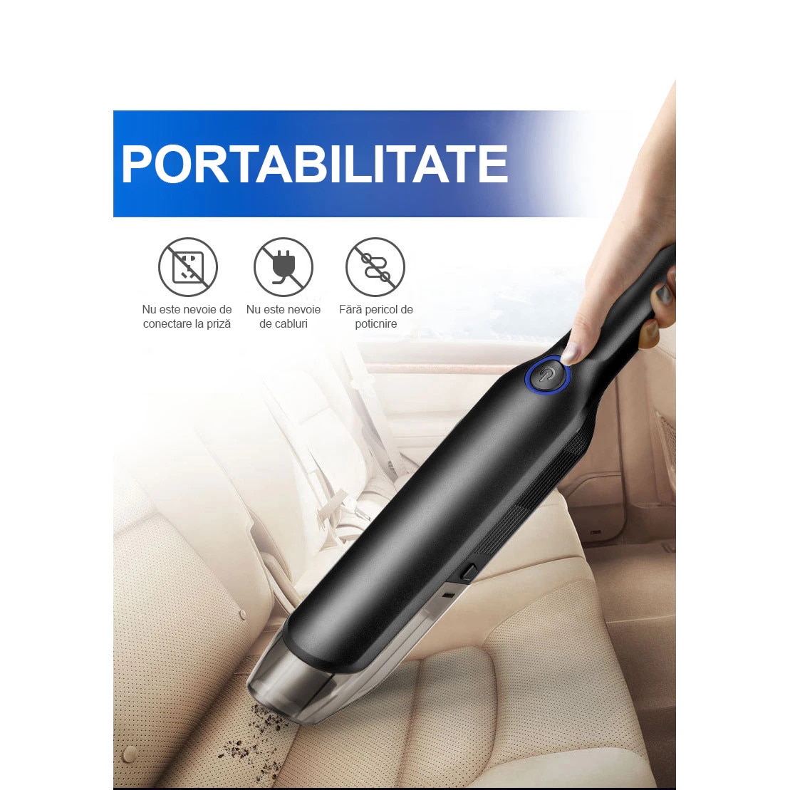 Aspirator portabil pentru masina, cu motor cu perii, design fara fir, compatibil cu utilizarea in medii umede si uscate, putere de aspirare de 13.000 Pa, 3 baterii de 2.000 mAh, putere de 120 W, rezervor de praf si filtru lavabile, Negru