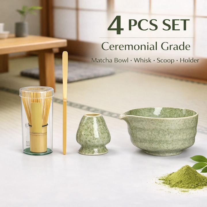 Set 4 Accesorii Matcha, Tressino, Bambus/Ceramica, Set cutie cadou traditionala manuala Matcha, Set ceai Matcha pentru Preparare Matcha, cu castron pentru matcha, tel de bambus, lingurita de ceai, verde deschis