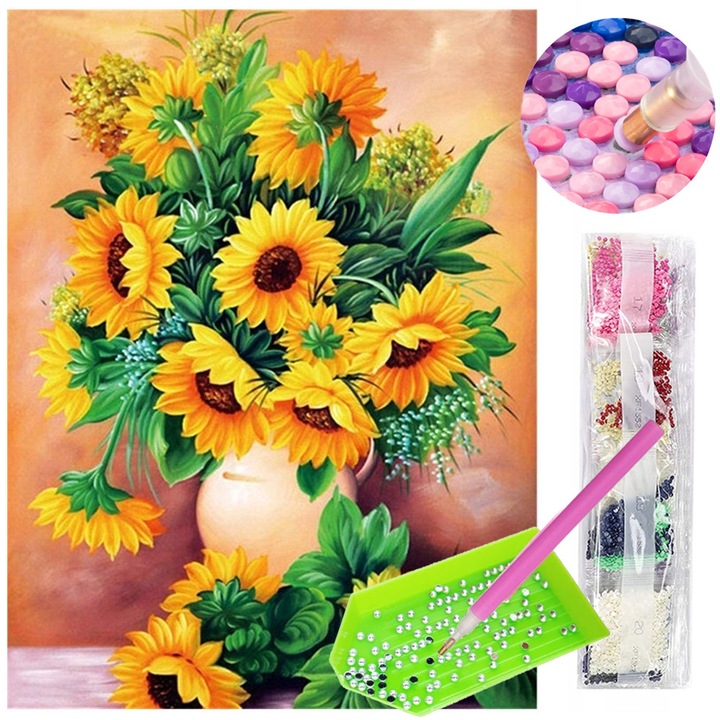 Kit de broderie cu diamante, ArtNico, buchet de floarea-soarelui, 30x40 cm, 22 de pungi cu cristale in diferite culori, aplicator, suport, lipici uscat, ambalaj original, material: panza, caracteristici: creativitate, relaxare, hobby