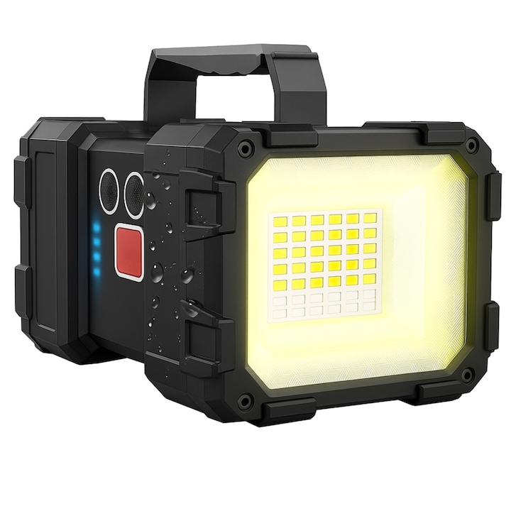 Lanterna Multifunctionala Camping Macvi® cu Tehnologie LED 1200LM, Acumulator 10.000 mAh, 7 Moduri de Iluminare, Functie Powerbank, IP44 Waterproof, Reincarcabila, Negru