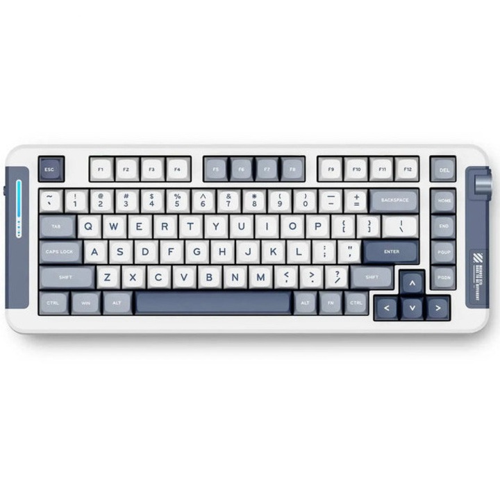 Tastatura mecanica gaming MCHOSE X75 Navy Blue, 82 taste (75%), switch-uri KTT Hyacinth pre-lubrifiate, iluminare RGB 360°, conectare 2.4 GHz/BT/Type-C, 5 straturi de izolare fonica, hot-swap, software personalizabil, baterie 4000 mAh