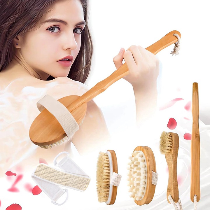 Комплект четки за баня WEPZSXO, 6 броя, дълга дръжка, за ексфолиране и лечение на целулит, кафяв цвят