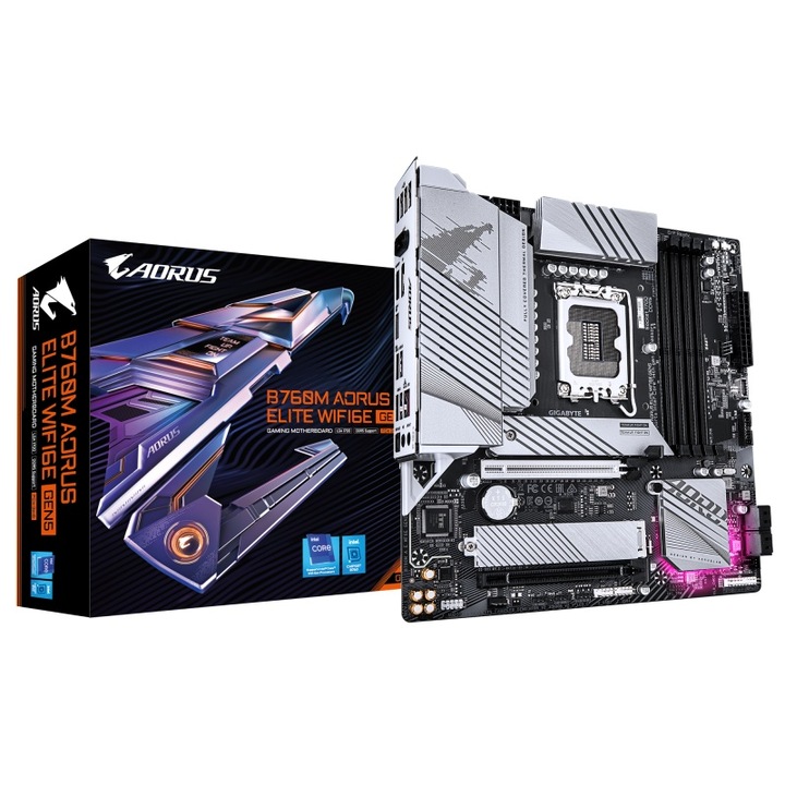 Alaplap GIGABYTE B760M AORUS ELITE WIFI6E GEN5 LGA1700, 4x DDR5, 1x HDMI 1x DP, 1x PCIE 5.0 x16 1x PCIE 4.0 x16, 2x M.2, 4x SATA 6GB/s, mATX