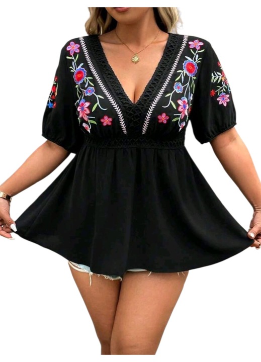 Női ing, babydoll, plus size, fekete, virágmintával, 2XL