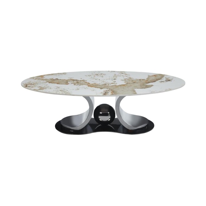 Masă de Cafea KJCT5345, ovală, alb efect marmura/metal negru, 130x70x40cm