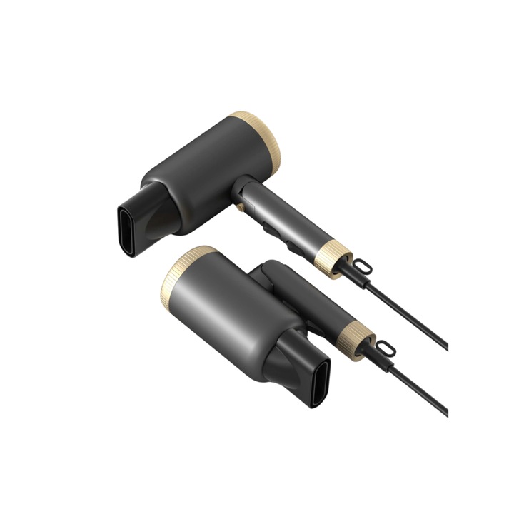 Сгъваем сешоар Ryaca 2000W, 2 скорости, 3 температурни настройки, йонна функция, концентратор, бутон за студен въздух, подвижен филтър, халка за окачване, подходящ за пътуване, златисто сив