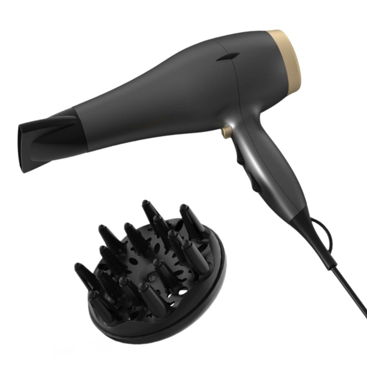 Сешоар Ryaca 2200W, 2 скорости, 3 температурни настройки, йонна функция, дифузер + концентратор, бутон за студен въздух, подвижен филтър, халка за окачване, златистосив