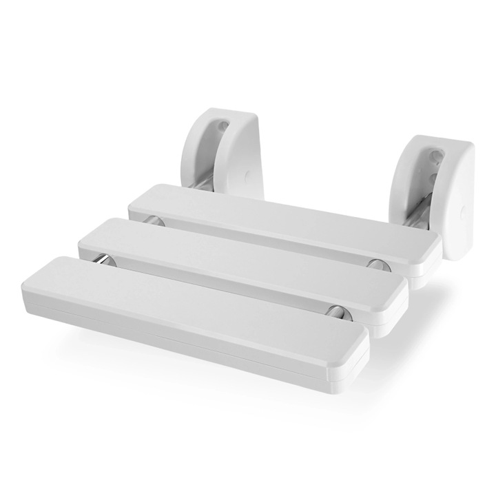 Scaun de dus rabatabil de perete, 4FIZJO, pliabil pentru baie, montaj fix cu kit inclus, design ergonomic 35×25 cm, suport stabil pentru seniori si persoane cu mobilitate redusa, rezistenta la umezeala, capacitate 100 kg, alb