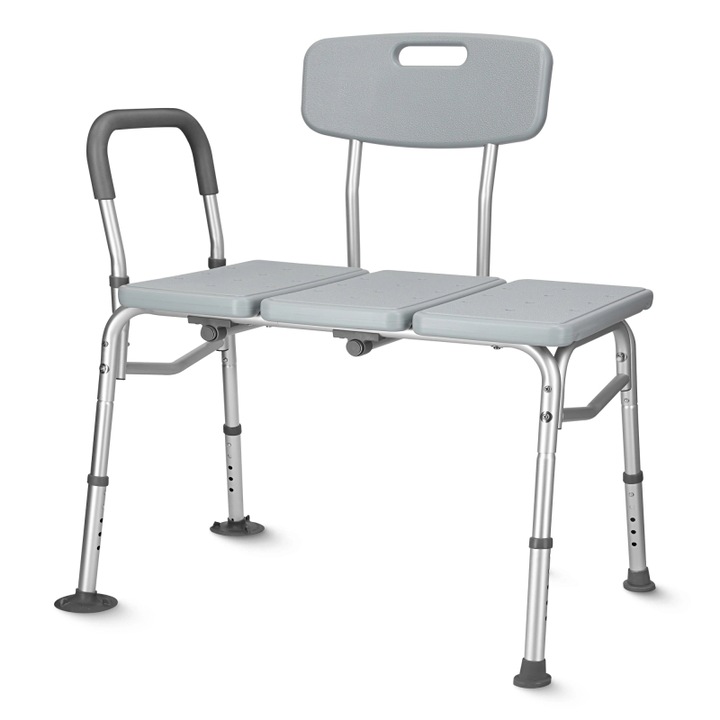 Banca pentru cada cu spatar, 4FIZJO, scaun de dus stabil pentru seniori si persoane cu mobilitate redusa, sezut ergonomic 67×41 cm, reglare inaltime 46–58 cm, cadru din aluminiu rezistent la umezeala, picioare cu ventuze antiderapante, gri