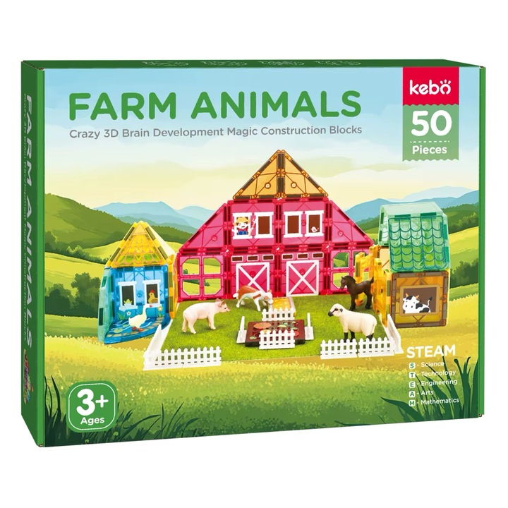 Set magnetic 3D tip ferma, 50 piese, ABS, jucarie de constructie pentru copii