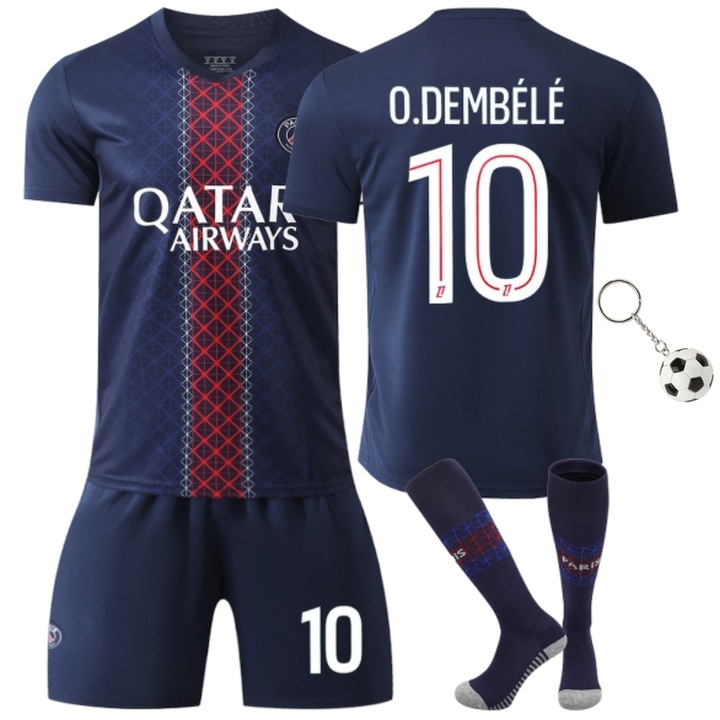 Echipament Sportiv Copii Paris Dembele Fotbal Tricou Set Nr.10, MzcrJosv®, Sezonul 2025/2026, Poliester, Breloc, Sosete incluse, Albastru/Rosu, Albastru