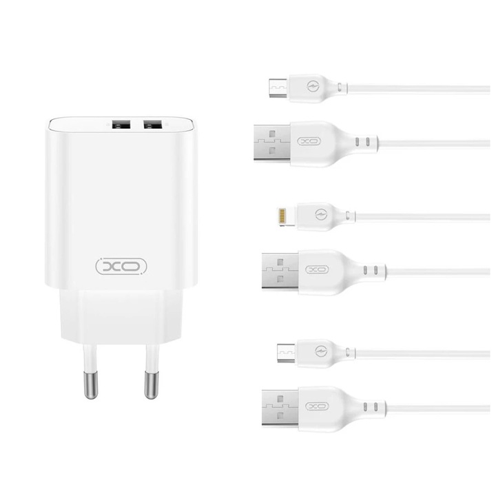 XO telefontöltő, USB-A 2.4A, Lightning kábel, 81.67x42.74x26.21mm, 46g