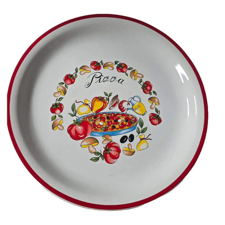 Farfurie intinsă Cesiro, alb decor pizza, 23 cm, ceramică durabilă