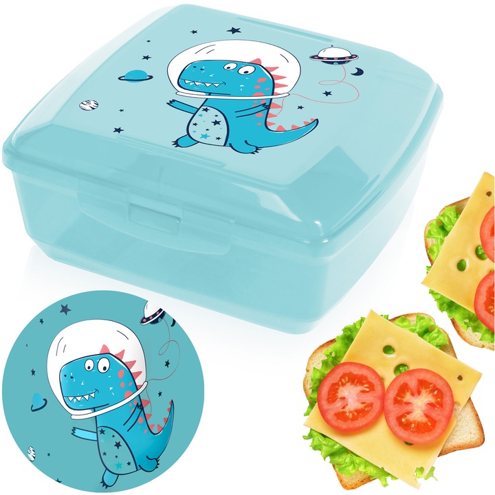Caserola BranQ Bento Dinozaur Albastru, 0,85l, 14,5x12x6,5cm