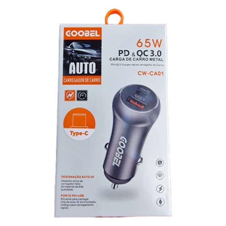 Incarcator auto Goobel, fast charger, 65W, QC 3.0, 1 x usb, 1 x usb-c, negru