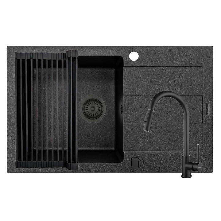 Set chiuveta Pyramis SPARTA PLUS, baterie IDEA Black si Roll Up, dimensiune 780x480mm, adancime 190mm, reversibila, pipa inalta cu cap extractabil si dus, suport multifunctional pliabil, finisaj pyragranite negru