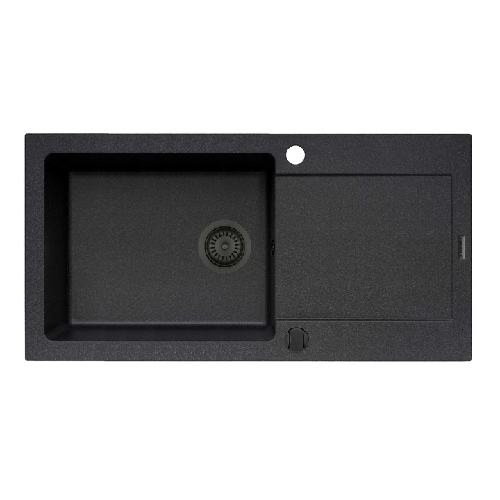 Chiuveta Pyramis MIDO 100x50 1B1D Black, dimensiune 1000x500mm, adancime 200mm, reversibila, valva automata finisaj pyragranite negru