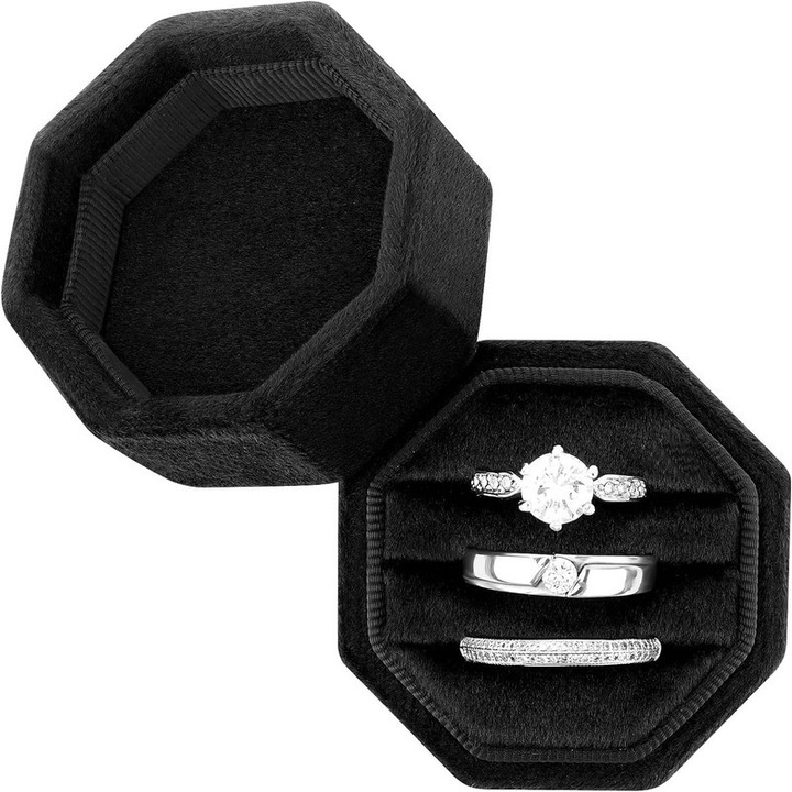 Cutie de inele romantica vintage din catifea, octogonala, cu trei compartimente, cutie pentru verighete